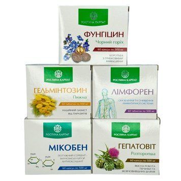 Програма очищення організму &ndash; Фунгіцин, Гельмінтозин, Лімфорен, Мікобен, Гепатовіт Рослина Карпат 484724 484724 фото
